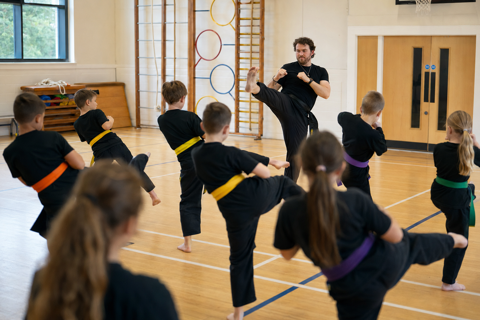 Children taking part in a Bamboo Studios martial arts club in a school hall in Warwickshire