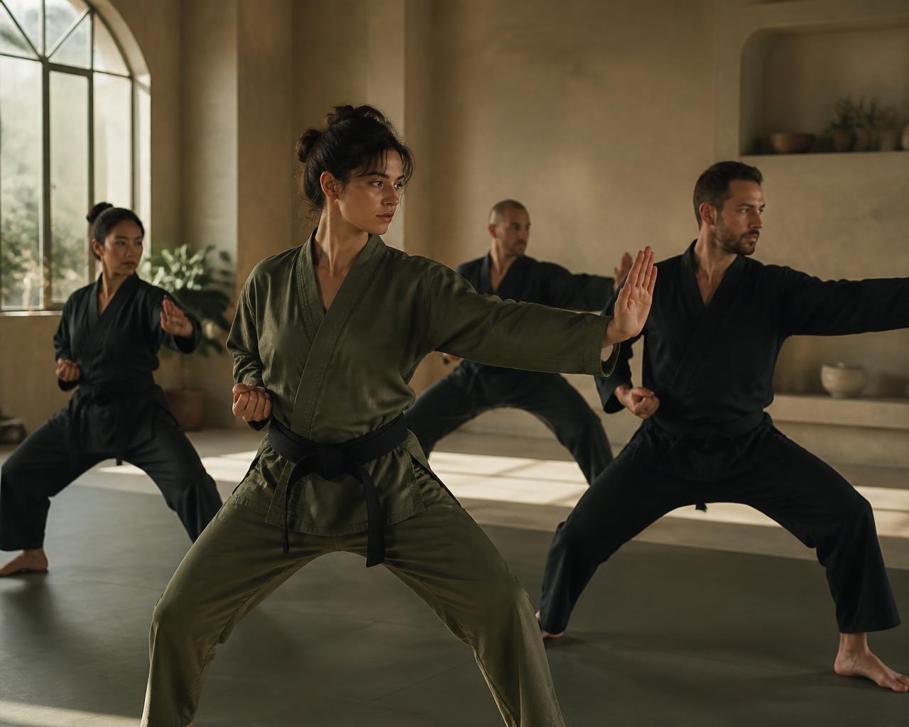 Adults training martial arts in a warm minimal studio