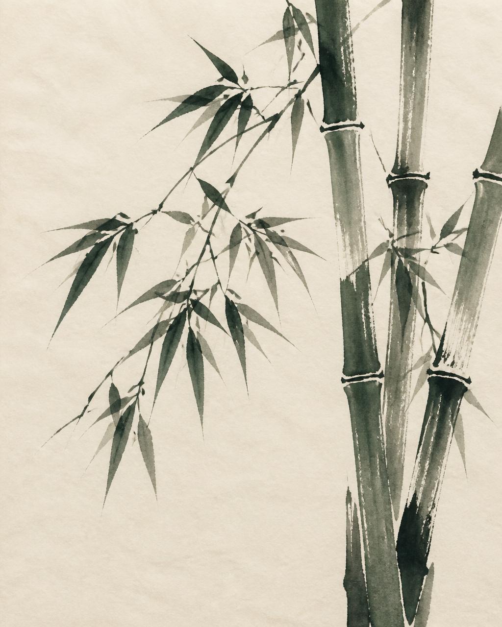 Ink wash painting of bamboo stalks and leaves on rice paper
