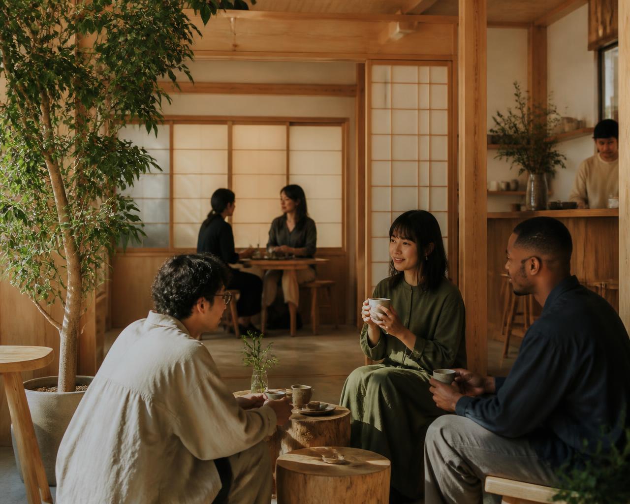 People talking over coffee in a calm wooden space