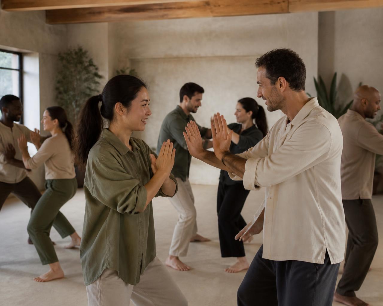 A team taking part in a corporate martial arts session