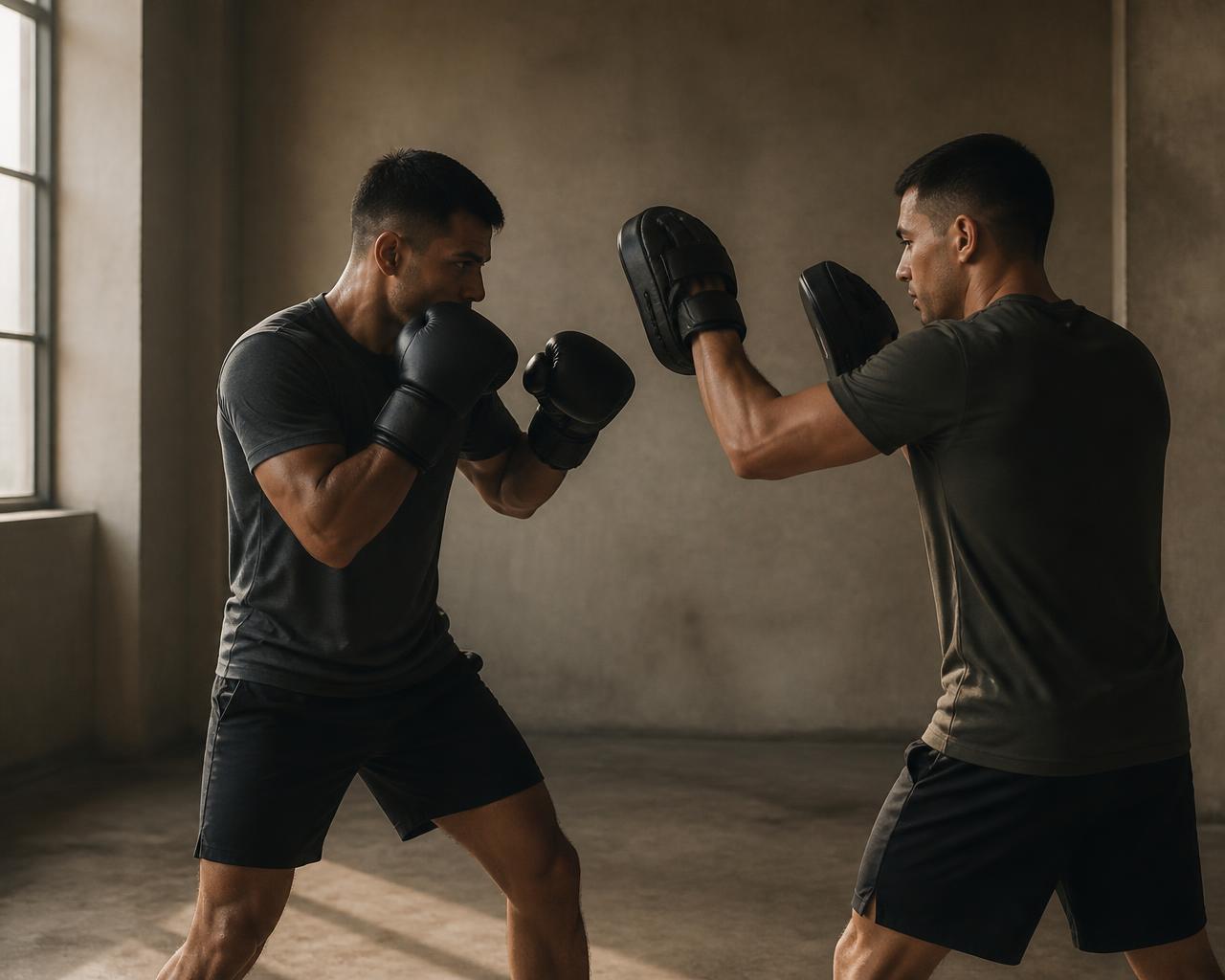 Two athletes pad training in a concrete studio