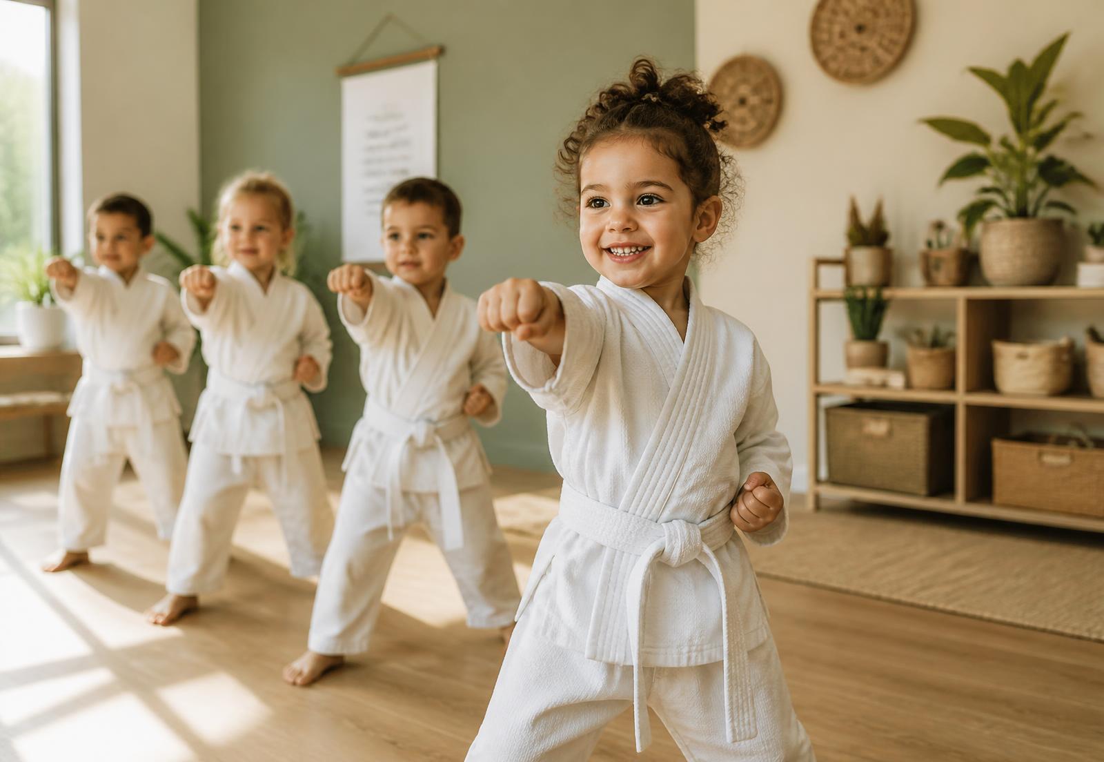 Nursery Ninjas: young children in white martial arts uniforms training together in a Warwickshire nursery