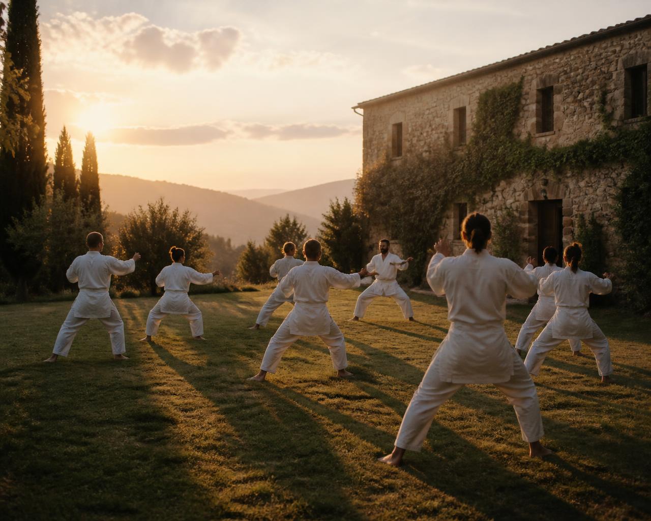 A group training outdoors at sunset on a martial arts residential