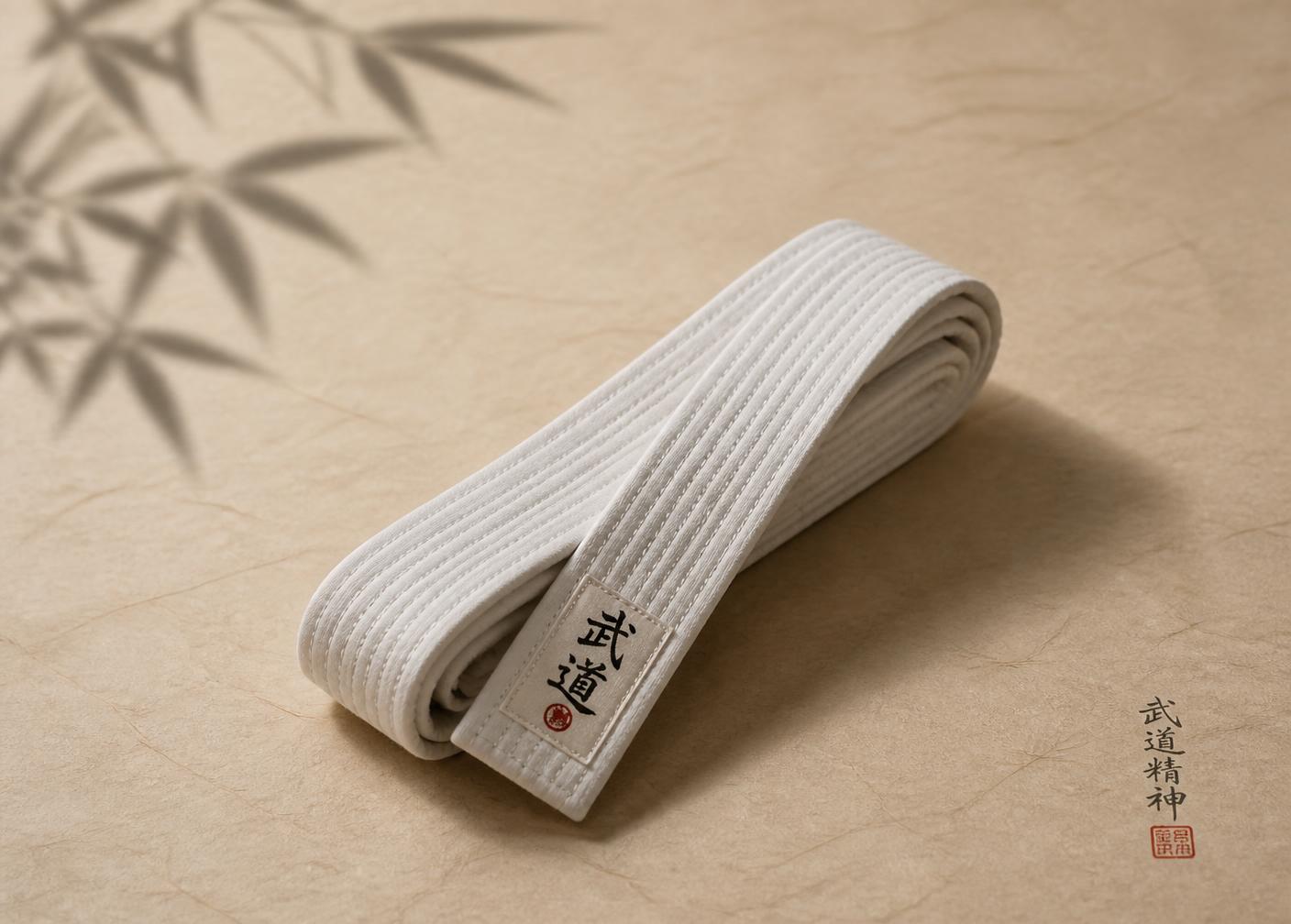 A folded white martial arts belt resting on warm rice paper