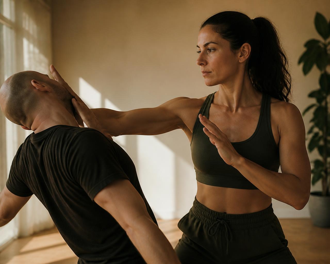 A woman practising a self-defence technique with a partner